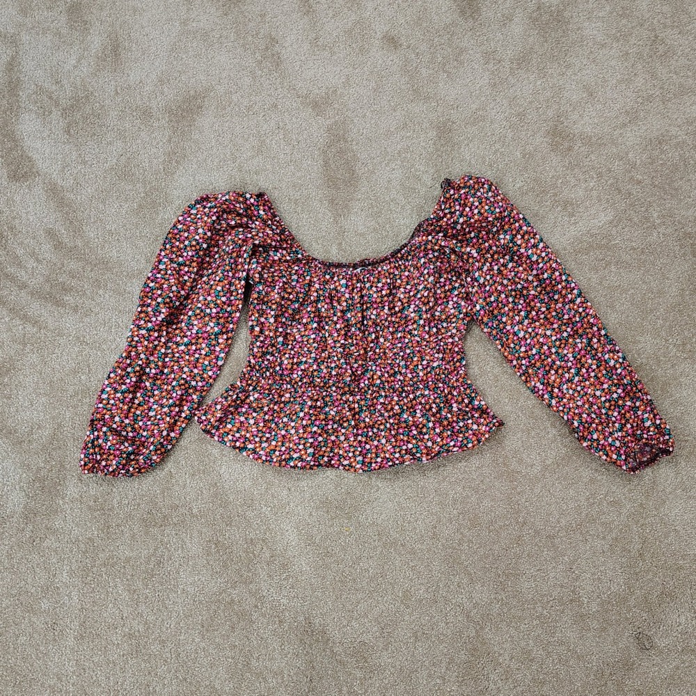 Floral Long Sleeve Peplum Elastic Neckline Smocked Blouse Womens Small Cottage - Picture 6 of 6